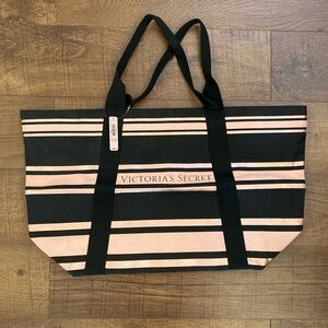 Victoria's Secret Black and Pink Striped Overnight Tote Bag NEW w/ Tags